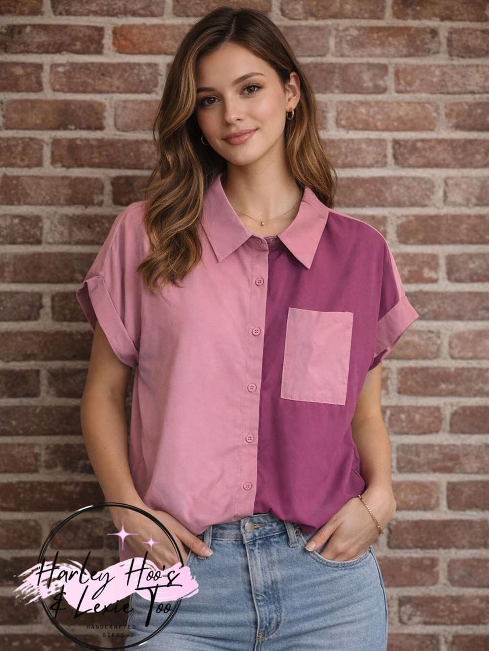 Two-Tone Pink Button-Up Shirt with Pocket
